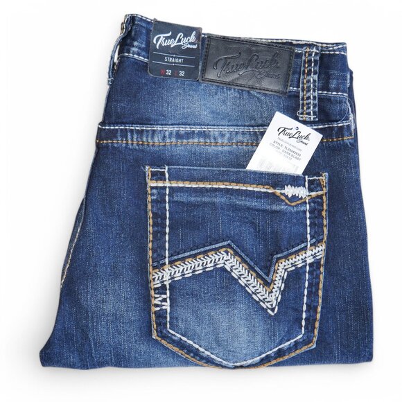 True Luck Straight Leg Jeans Dark Wash Denim Men's Size 32x32 Thick Stitch BKE - Picture 1 of 8